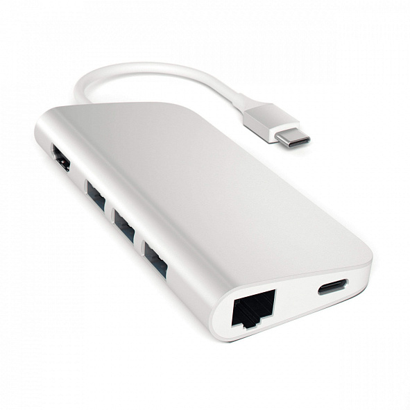 Переходник Satechi Aluminum. Порты: USB Type-C, 3хUSB 3.0, 4K HDMI, Ethernet RJ-45, SD / micro-SD (Серебристый)