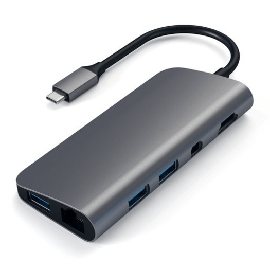 Переходник Satechi Aluminum. Порты USB Type-C Power Delivery (49W), 3хUSB, 4K HDMI (30Hz), 4K mini DisplayPort (30Hz), micro/SD (Серый космос)