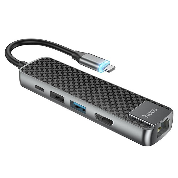 Адаптер-переходник HOCO с Type-C USB на HDMI+RJ45+USB 2.0+USB 3.0+PD 60W / Металл (Серый) HB23